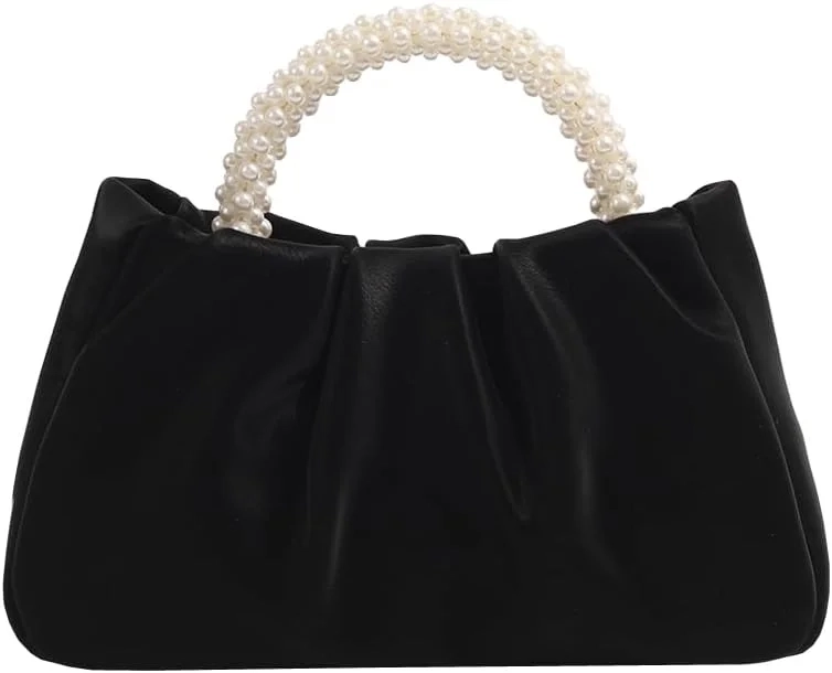 Pearl Clutch Purse for Women: Soft Leather Ruched Handbag for Wedding, Prom, and Evening Parties