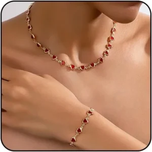 Dainty Gold Heart Rhinestone Jewelry Set: Red Necklace and Bracelet for Women