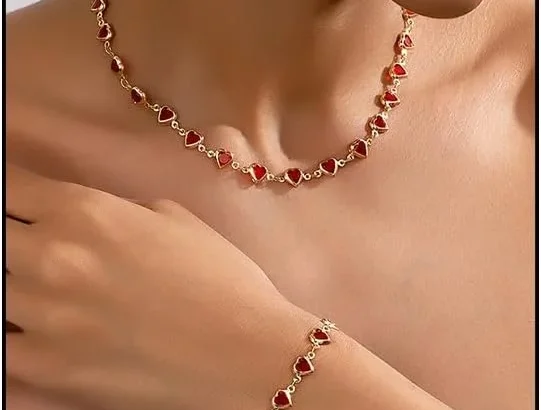 Dainty Gold Heart Rhinestone Jewelry Set: Red Necklace and Bracelet for Women