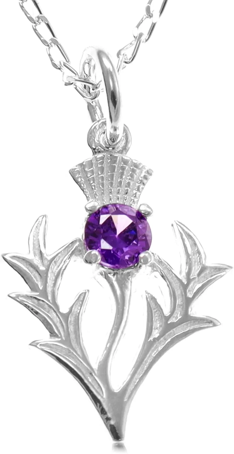 Alexander Castle 925 Sterling Silver Scottish Thistle Pendant with Real Amethyst Stone Necklace, 18" Chain & Gift Box