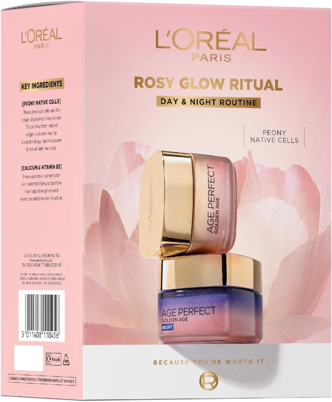 L'Oreal Paris Rosy Glow Ritual Gift Set: Day Cream and Night Cream for Deep Moisture with Peony and Calcium B3