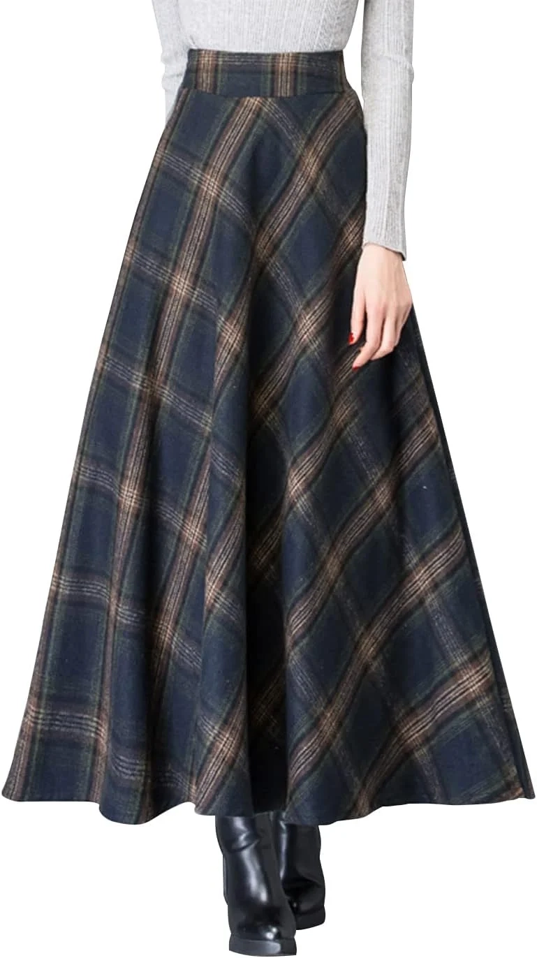Vintage High Waist Wool Blend Plaid Maxi Skirt for Women - A