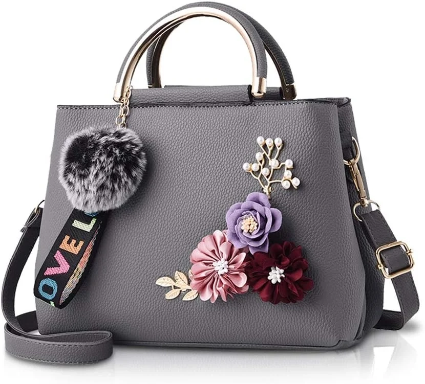 Nicole & Doris Vintage Floral Leather Tote Bag with Handle, Pompom, and Adjustable Shoulder Strap for Women