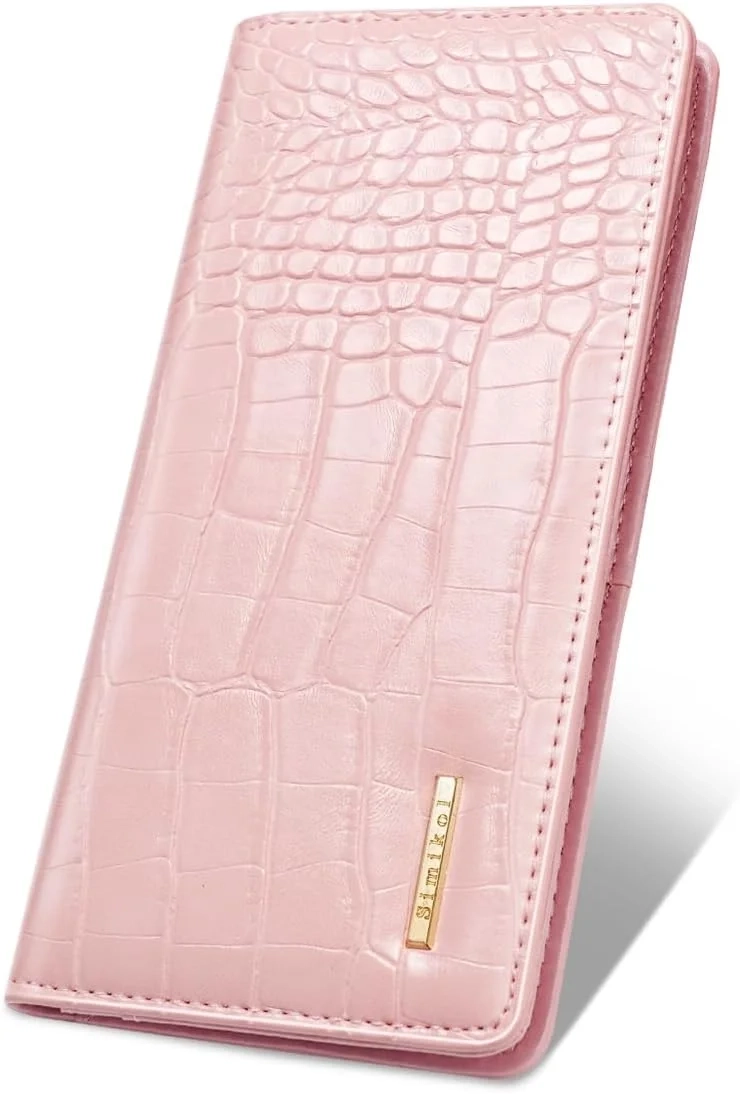 Slim RFID Blocking Wallet for Women & Men: Minimalist Bifold with Zipper Coin Pocket, Faux Crocodile Leather, Pink