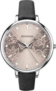 Sekonda Editions 37mm Ladies Silver Case Watch Grey Lace Patterned Dial Three Hand Analogue Quartz