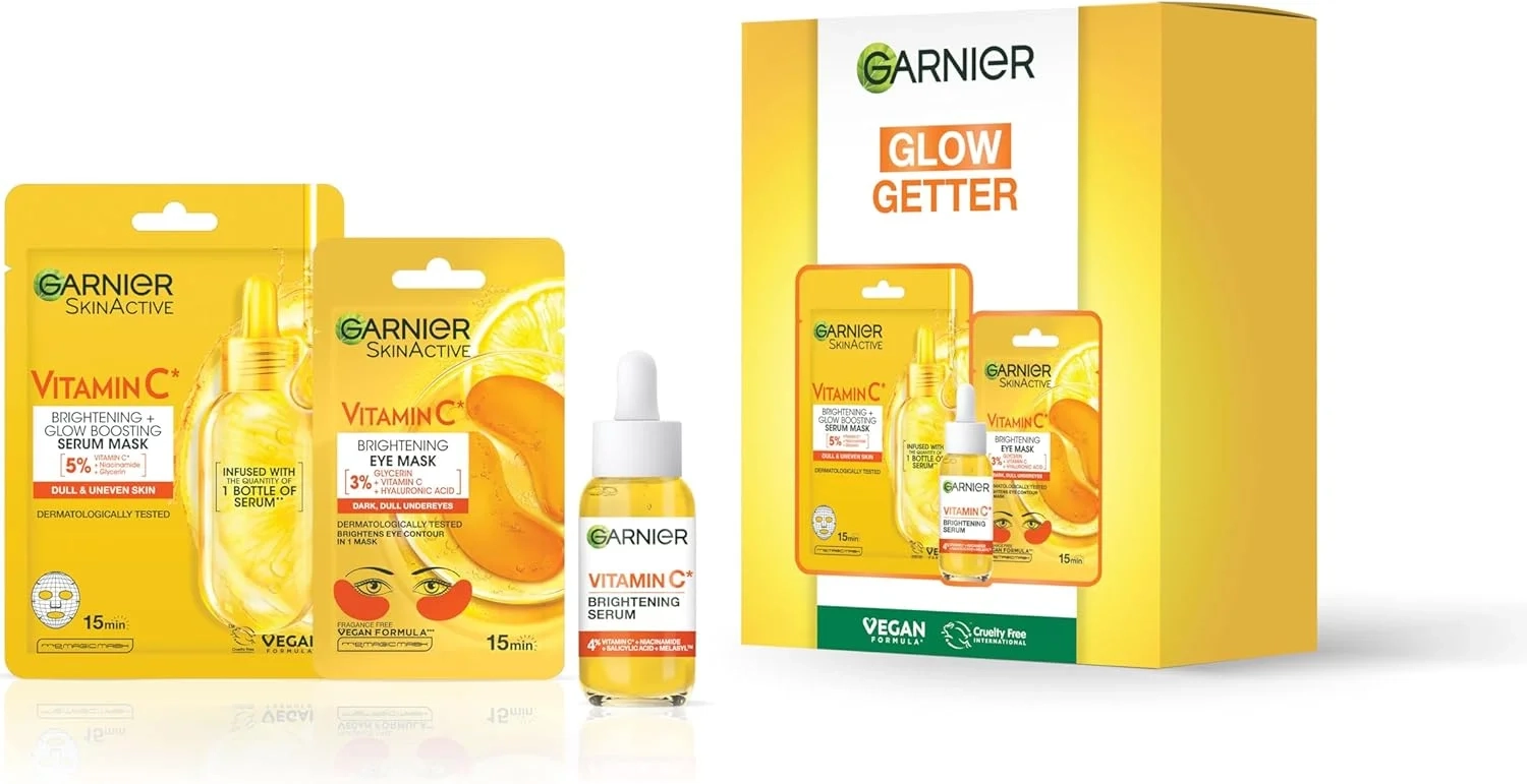 Garnier Vitamin C Glow Getter Gift Set: Brightening Serum & Sheet Masks for Dull Skin, Dark Spots & Uneven Tone