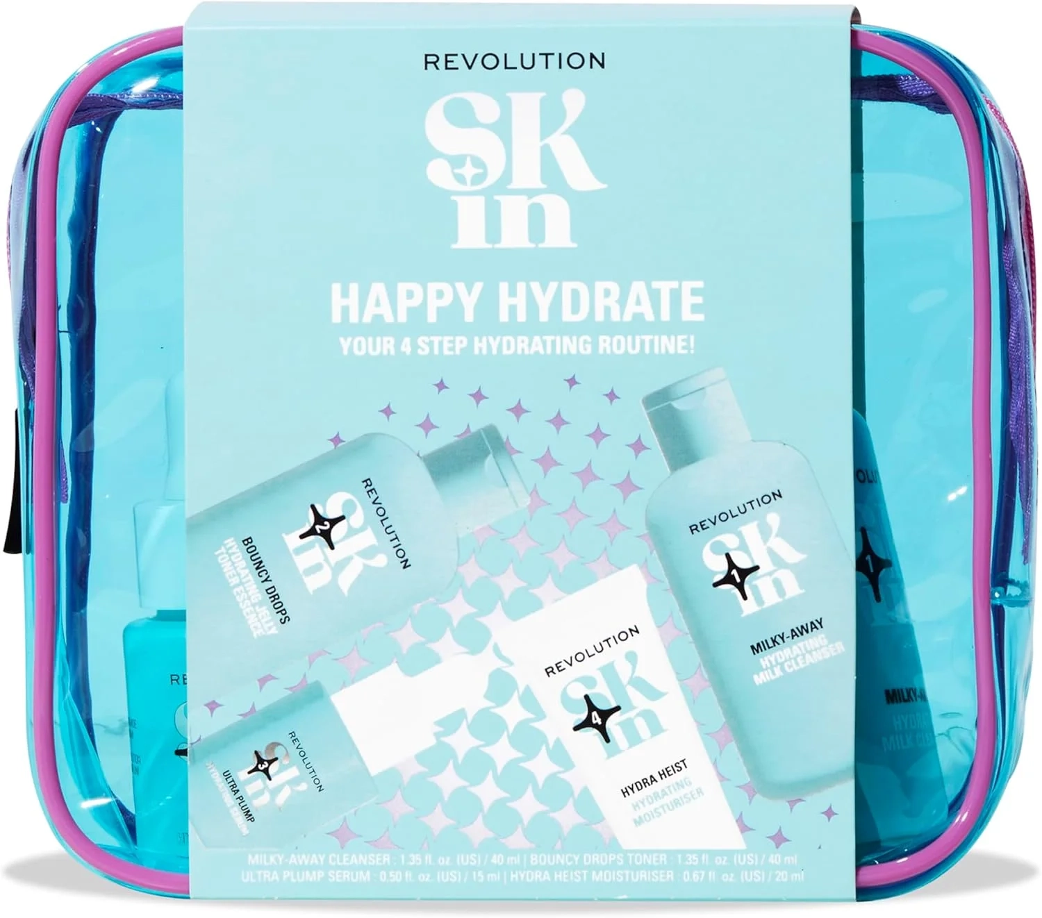 Revolution Skin Happy Hydrate 4 Step Starter Kit: Hydrating Skincare Set with Cleansing Milk, Essence, Serum & Moisturizer