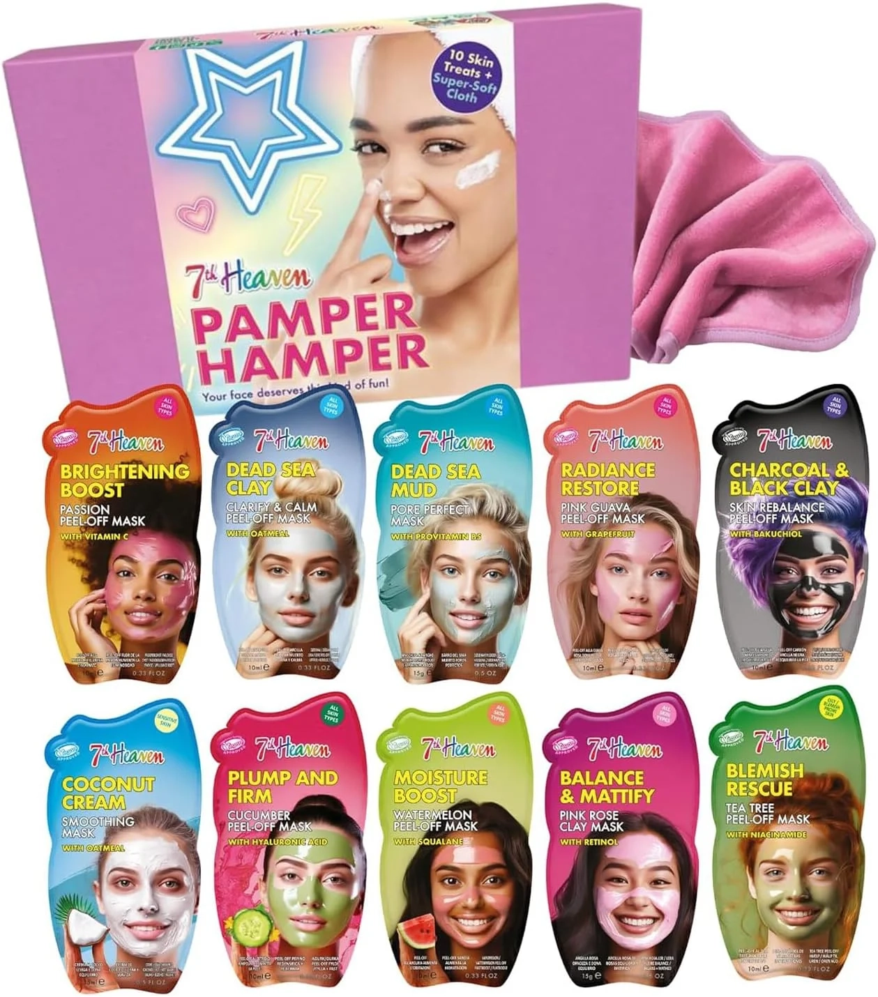 7th Heaven Luxury Pamper Hamper: 10 Face Masks & Spatula Gift Set for Women - Clay, Peel