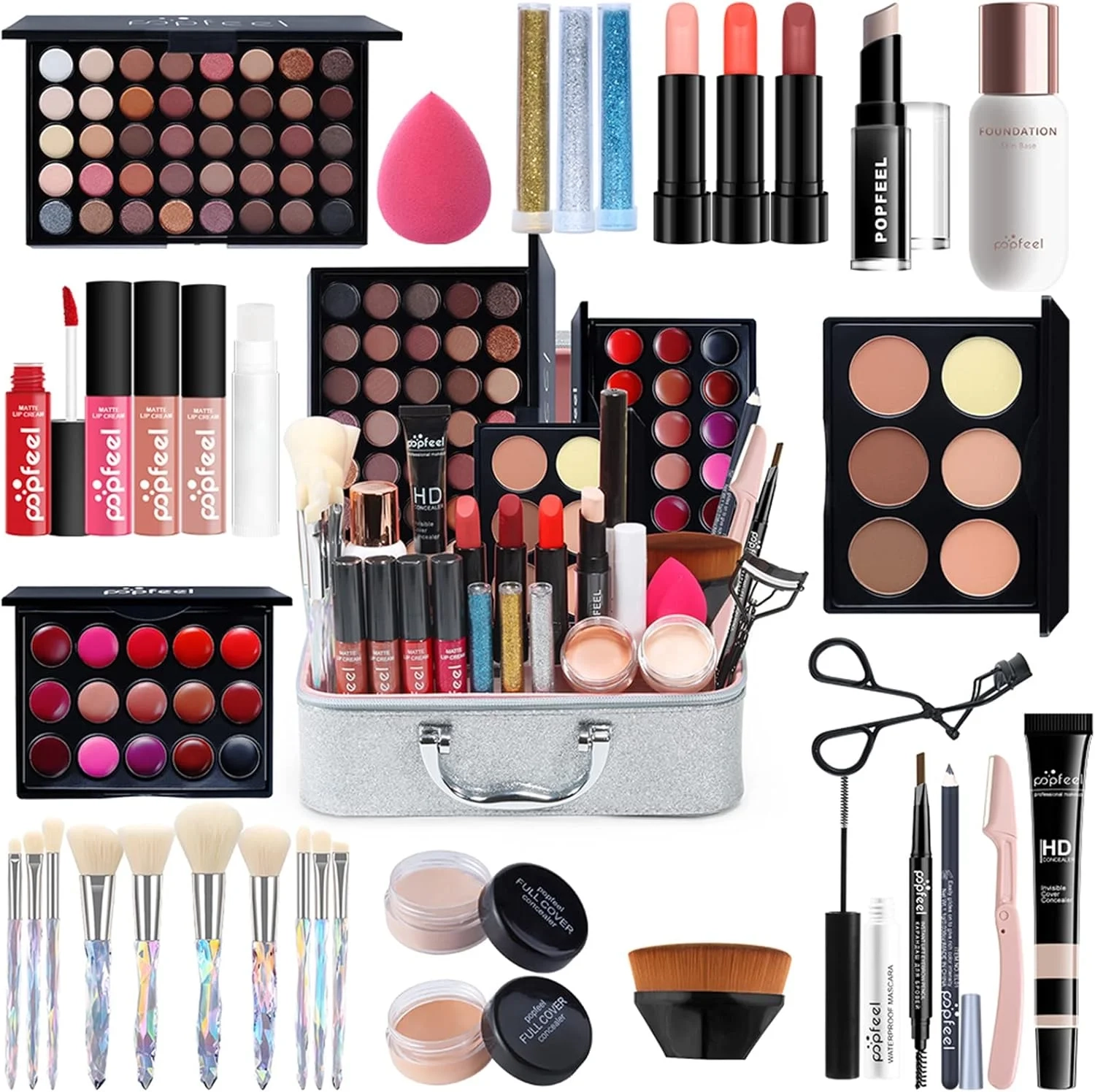 All In One Makeup Kit Set with Foundation, Eyeshadow Palette, Lipstick, Eyeliner, Mascara & Brushes