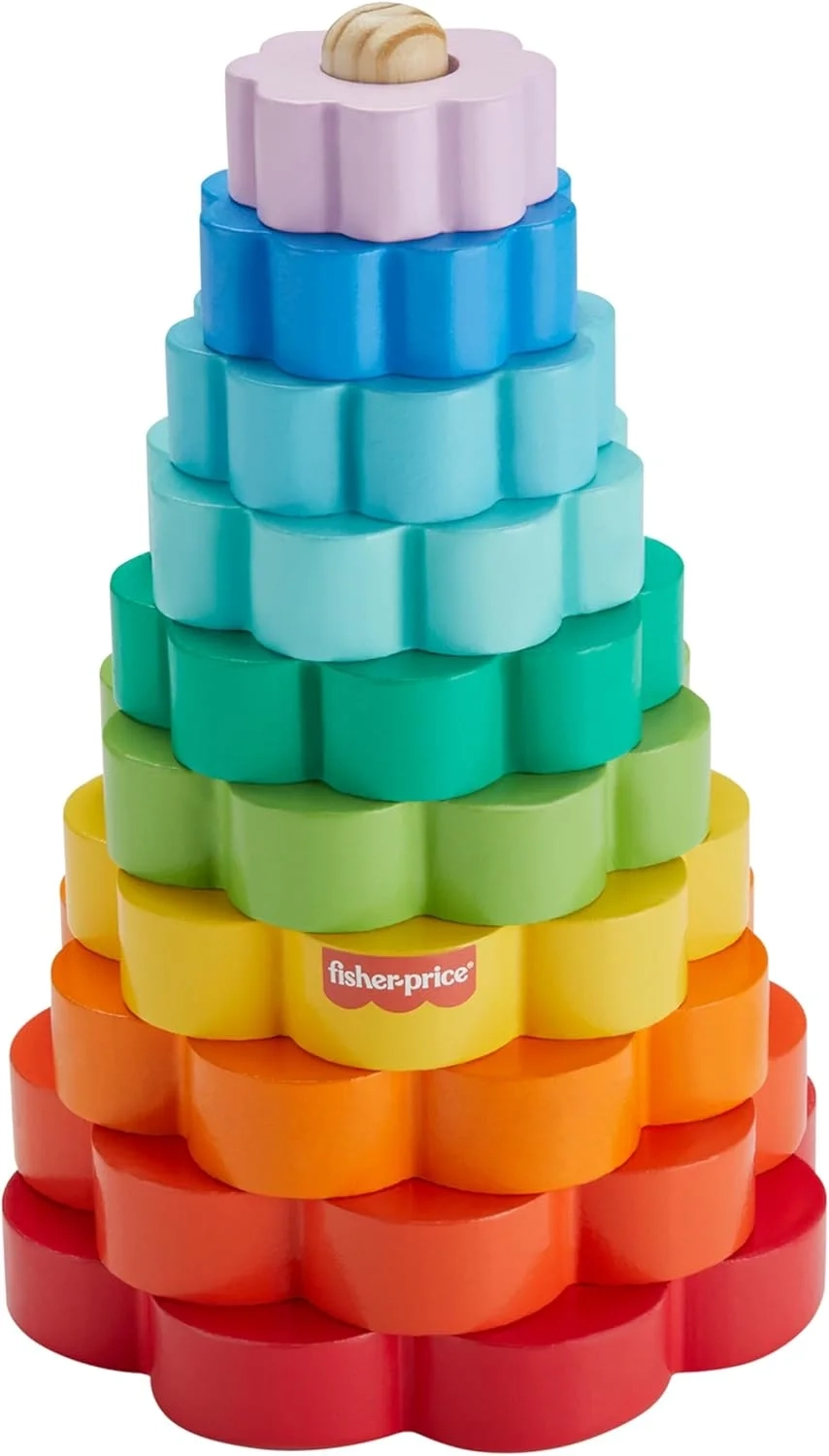 Fisher-Price Wood Toddler Toy Ring Stacker, 10-Piece Wooden Stacking Activity for Fine Motor Skills