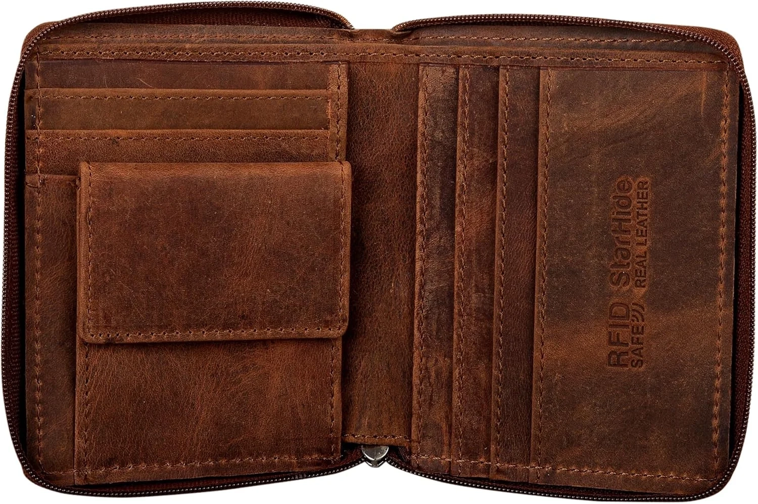 STARHIDE Mens RFID Blocking Full Zip Around Distressed Hunter Leather Coin Pocket Wallet 720 (Brown)