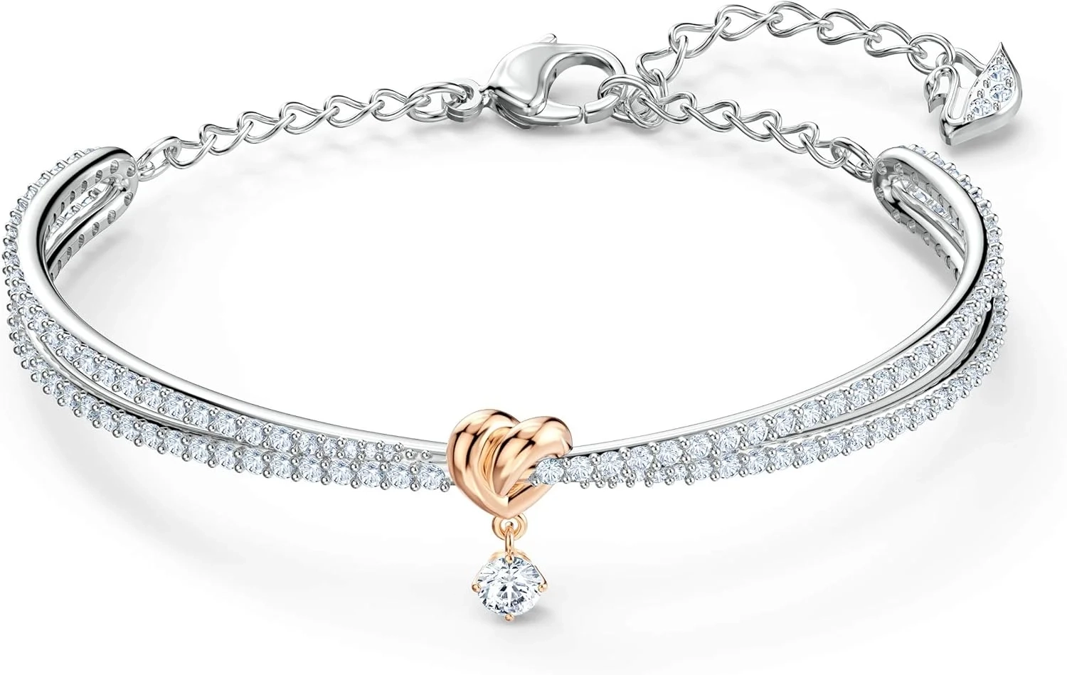 Swarovski Women's Lifelong Heart Bangle Bracelet with Rose Gold Tone, White Crystals, and Dangling Charm