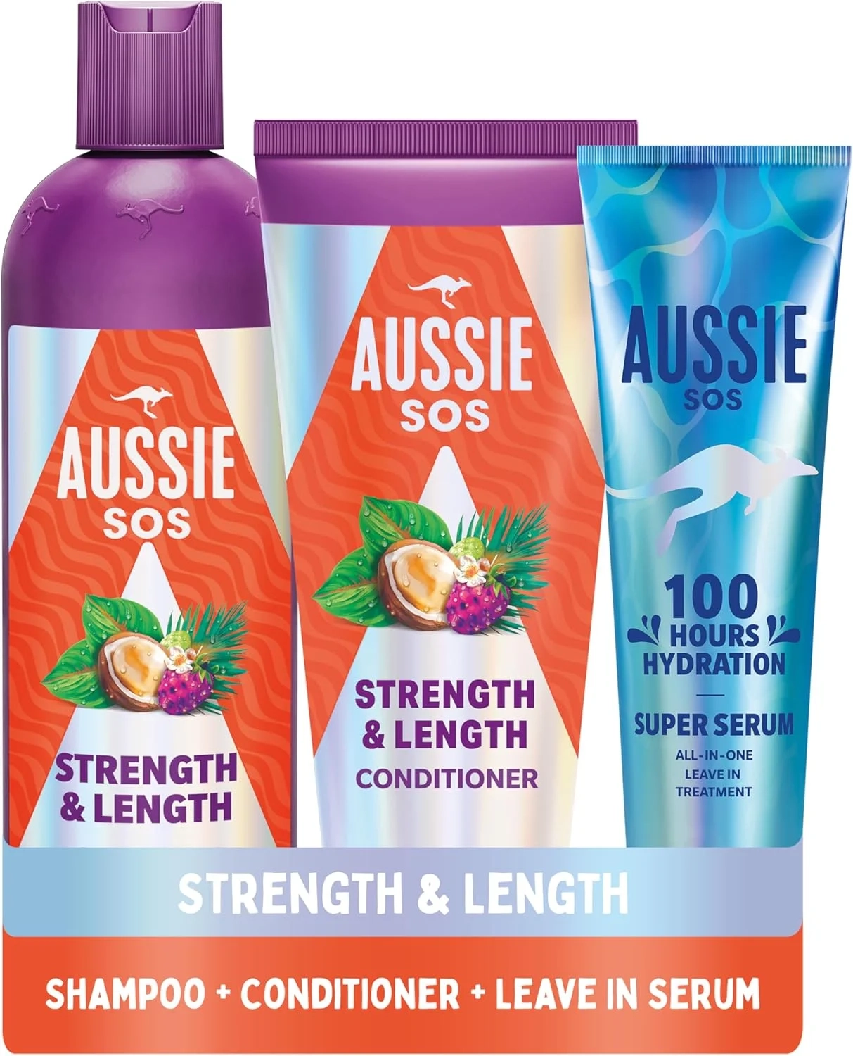 Aussie Strength & Length Shampoo, Conditioner & Serum Set to Hydrate, Repair Dry Damaged Hair and Prevent Split Ends