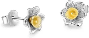 Awen Welsh Floral Daffodil Stud Earrings in Sterling Silver & Gold