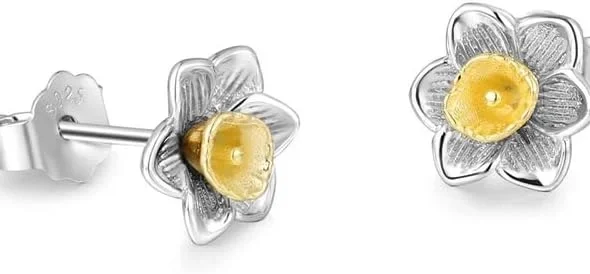 Awen Welsh Floral Daffodil Stud Earrings in Sterling Silver & Gold