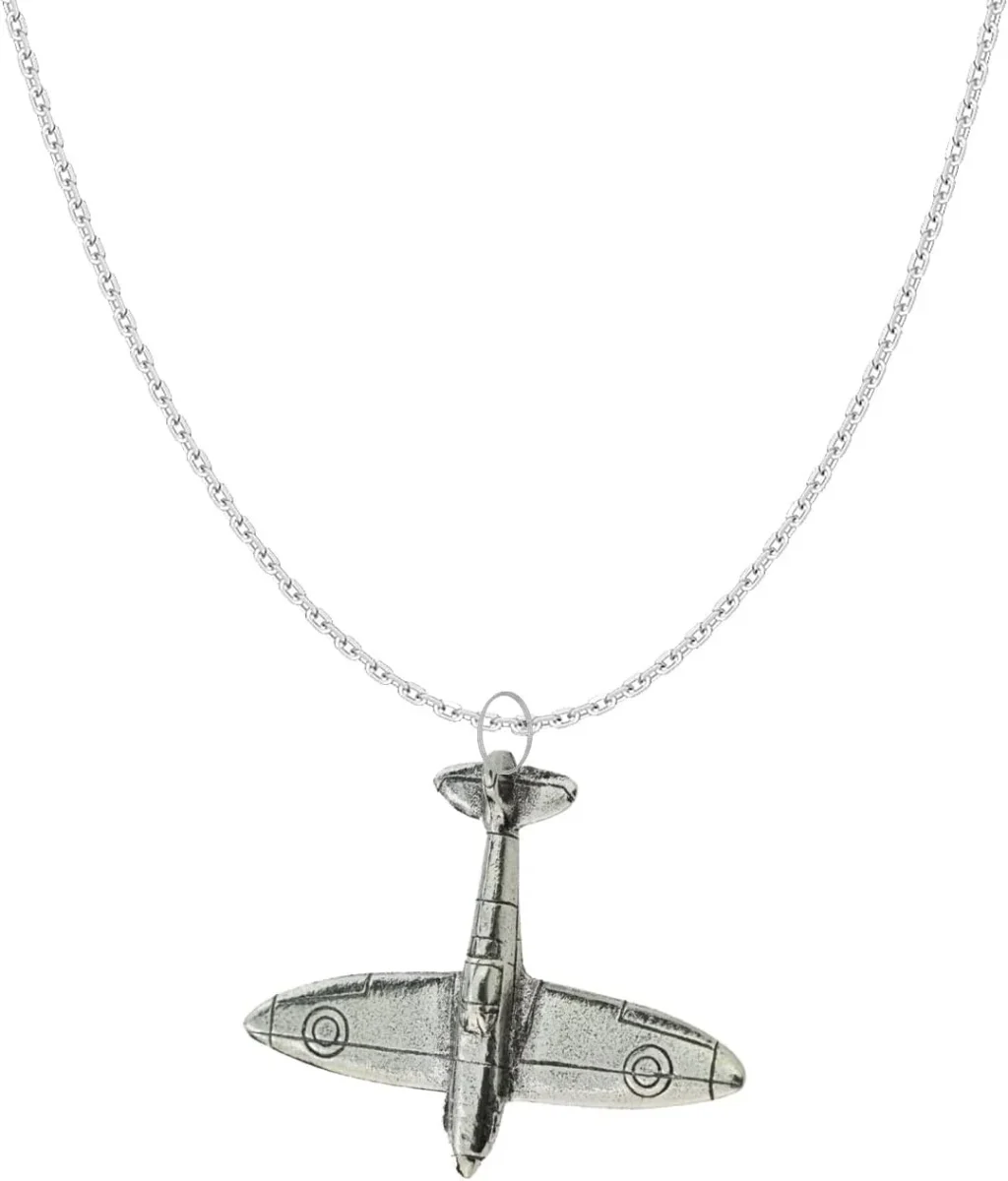 Handmade Silver Platinum Plated Spitfire Plane Pendant Necklace, 18 Inch Chain