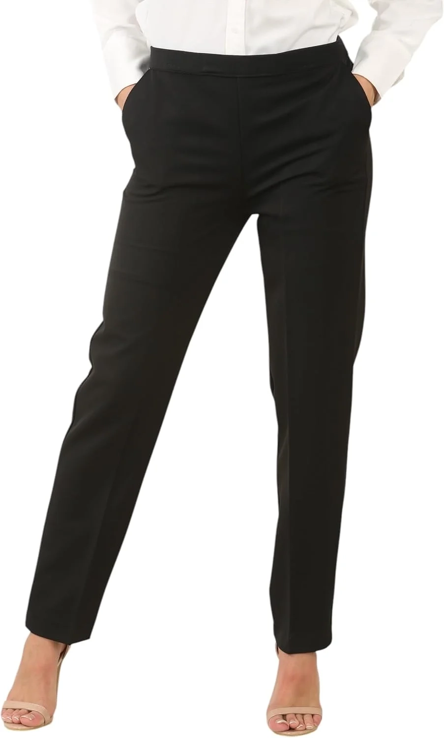 Women's Professional Stretch Pull-Up Work Trousers | Straight Leg Office Pants with Elasticated Waistband & Pockets
