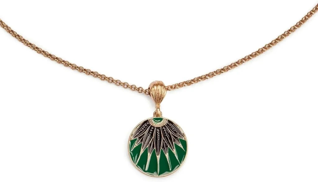 Green Enamel Art Deco Disc Pendant Necklace