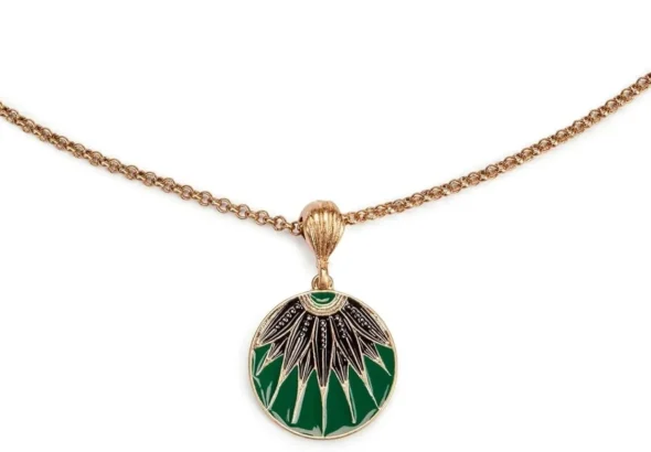 Green Enamel Art Deco Disc Pendant Necklace