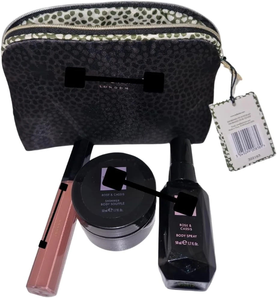 Ted B. Women's Rose & Cassis Beauty Gift Set with Body Spray, Body Souffle, Lipstick & Floral Cosmetic Bag