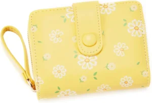 Women's Wallet with Daisy Flower Print, Exterior Zipper Coin Purse, Bifold Billfold & Credit Card Holder with ID Window