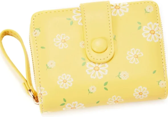 Women's Wallet with Daisy Flower Print, Exterior Zipper Coin Purse, Bifold Billfold & Credit Card Holder with ID Window
