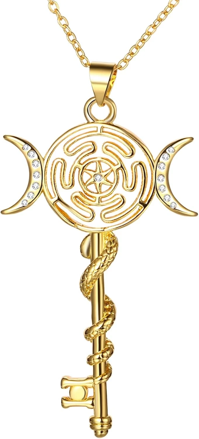 Hekate Necklace: Triple Moon Goddess Pendant in 18K Gold Plated Brass