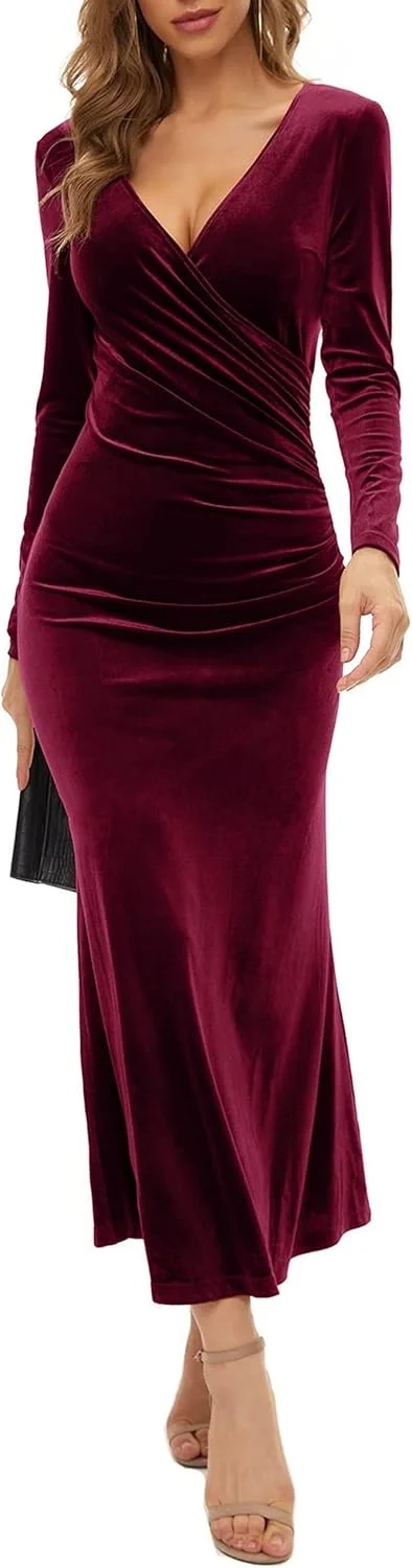 Velvet Evening Dress for Women: V-Neck Long Sleeve Slim Business Mid