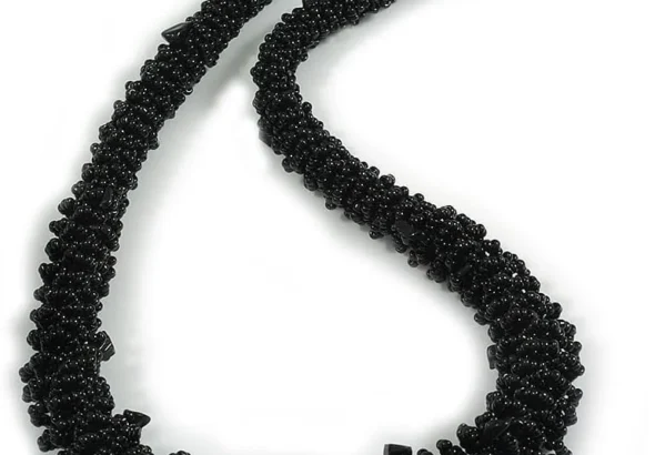Avalaya Midnight Black Cascade Beaded Chunky Necklace with Loop and Button Closure