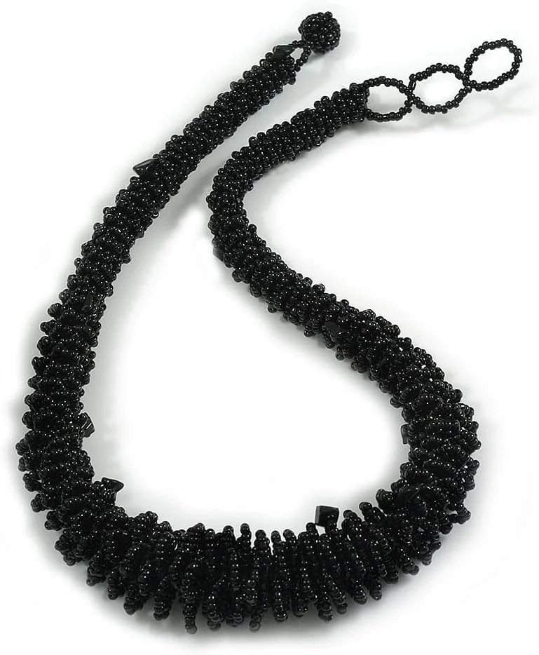Avalaya Midnight Black Cascade Beaded Chunky Necklace with Loop and Button Closure