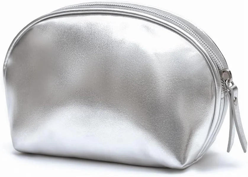 Silver Leather Makeup Bag for Women