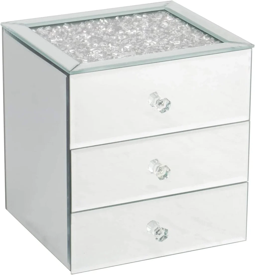 Silver Crushed Diamante Mirrored Glass Jewelry Box with 3 Drawers for Necklace and Ring Storage