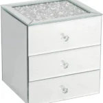 Silver Crushed Diamante Mirrored Glass Jewelry Box with 3 Drawers for Necklace and Ring Storage