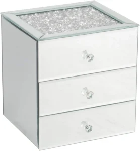 Silver Crushed Diamante Mirrored Glass Jewelry Box with 3 Drawers for Necklace and Ring Storage