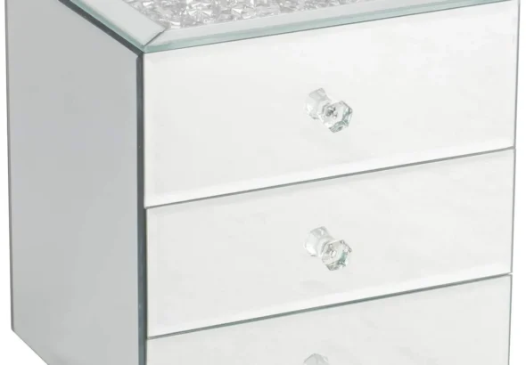 Silver Crushed Diamante Mirrored Glass Jewelry Box with 3 Drawers for Necklace and Ring Storage