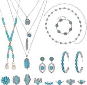 Bohemian Turquoise Jewelry Set for Women: Vintage Dangle Earrings, Adjustable Belt Ring, Necklace and Bracelet for Western Boho Style