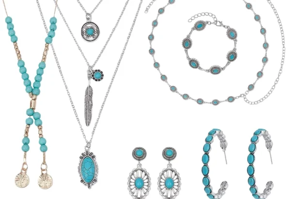 Bohemian Turquoise Jewelry Set for Women: Vintage Dangle Earrings, Adjustable Belt Ring, Necklace and Bracelet for Western Boho Style