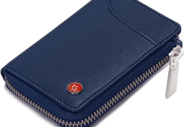 RFID Blocking Leather Wallet for Men: Vertical Credit Card Holder with Zip Around Design in Black or Navy