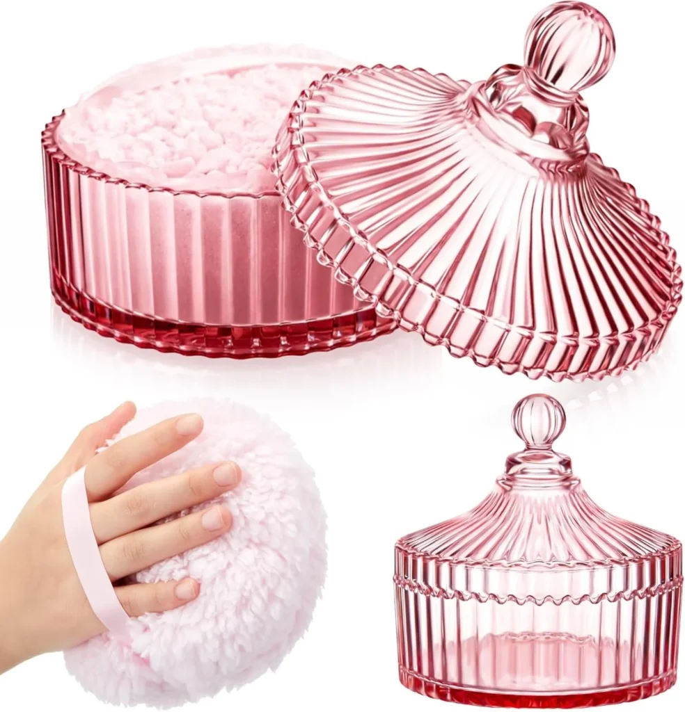 Extra Large Velour Powder Puff Set: 2 Washable Reusable Puffs with 6" Glass Powder Container for Face and Body (Pink, Clear)