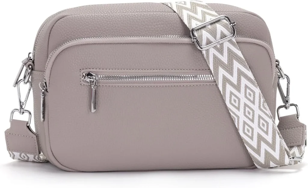 Women's Gray Leather Crossbody Bag with Wide Adjustable Strap