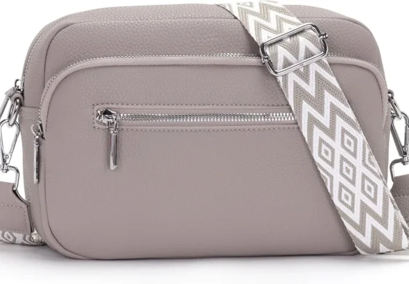 Women's Gray Leather Crossbody Bag with Wide Adjustable Strap