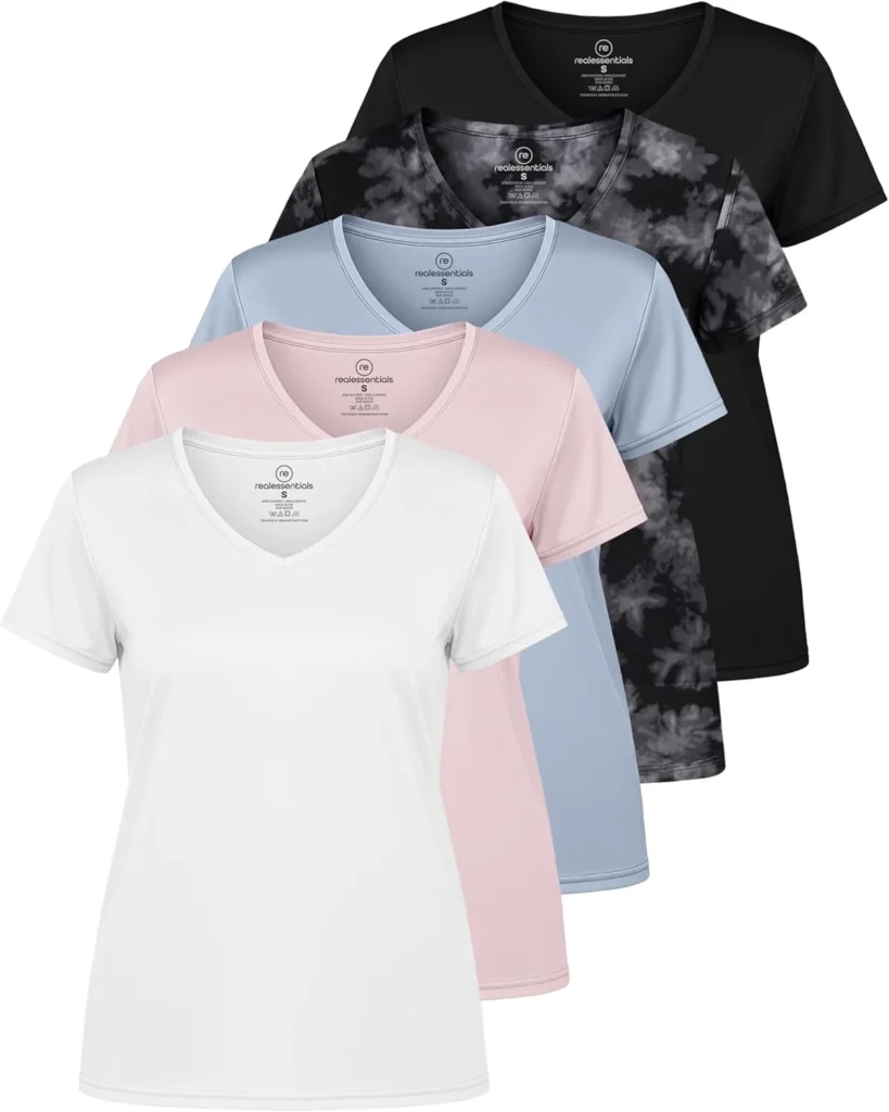 Real Essentials Women's 5-Pack Dry-Fit V-Neck Tees: Moisture