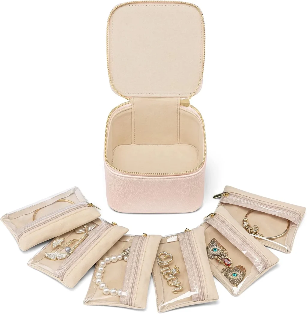 Vlando Jewelry Box Organizer: 6 Velvet Zipper Pouch Travel Case with Premium Petal Hardware for Earrings, Rings, and Necklaces