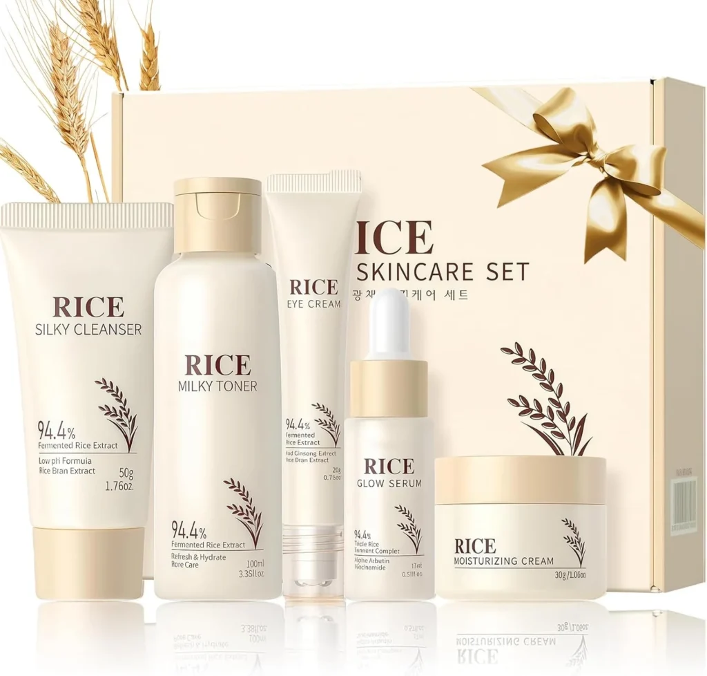 Korean Beauty 5-Piece Rice Skincare Set: Cleanser, Toner, Serum, Cream & Eye Cream for Glass Skin & Glowing Complexion