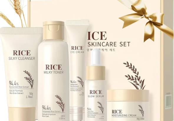 Korean Beauty 5-Piece Rice Skincare Set: Cleanser, Toner, Serum, Cream & Eye Cream for Glass Skin & Glowing Complexion