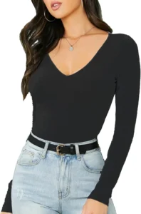 Women's Long Sleeve V-Neck T-Shirt | Slim Fit Stretchy Jersey Basic Top