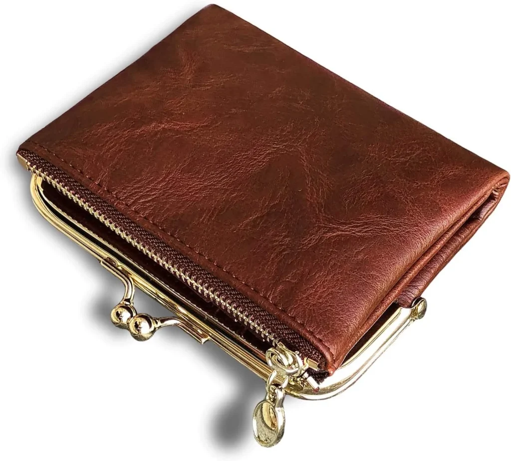 Vintage Leather Wallet for Women: Compact RFID Blocking Bifold with Zipper Coin Purse and Kiss Lock (Brown)
