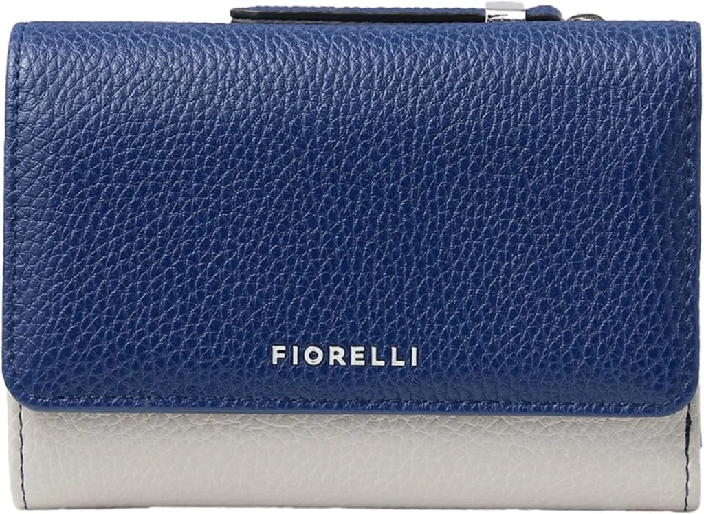 Fiorelli Rae Trifold Wallet for Women: 8 Card Slots & Zip Coin Compartment in Premium Faux Leather (Light Stone & Nautical Blue)