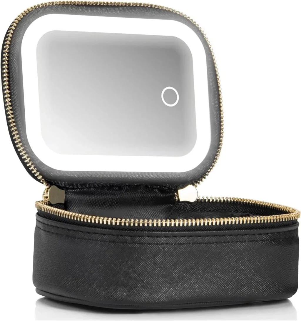 Mini Travel Makeup Train Case with Mirror and Light | Portable Cosmetic Organizer Toiletry Bag
