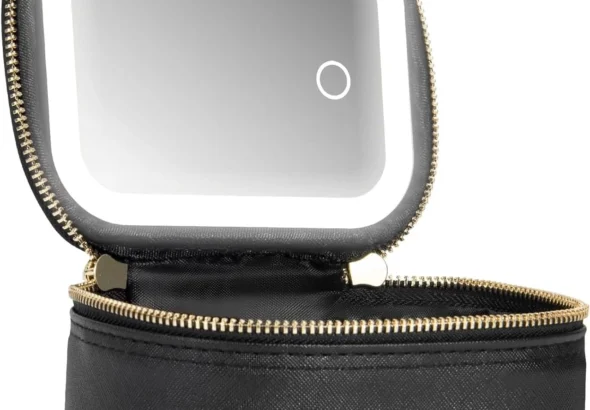 Mini Travel Makeup Train Case with Mirror and Light | Portable Cosmetic Organizer Toiletry Bag